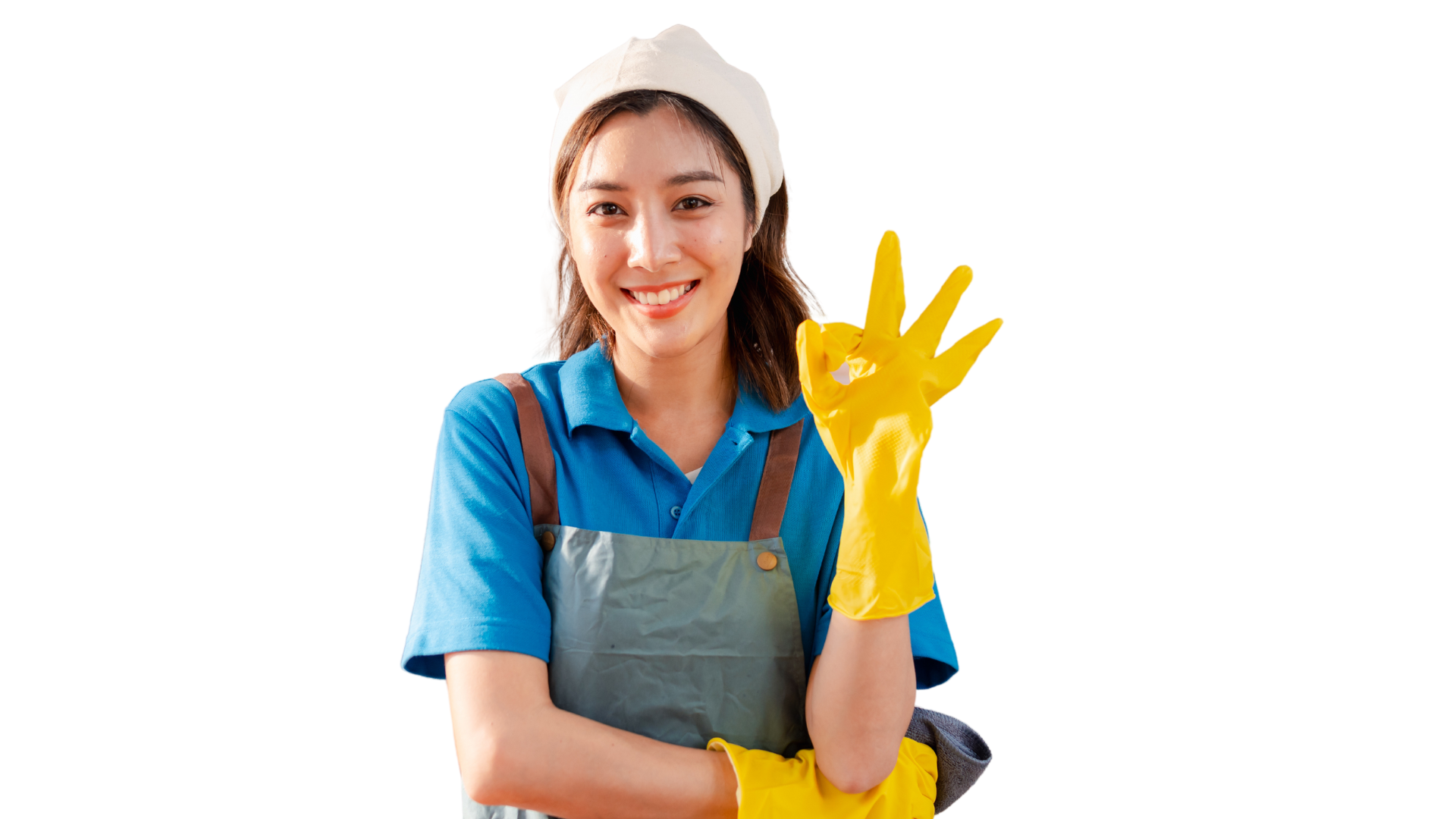 A woman in a blue shirt is holding a yellow glove