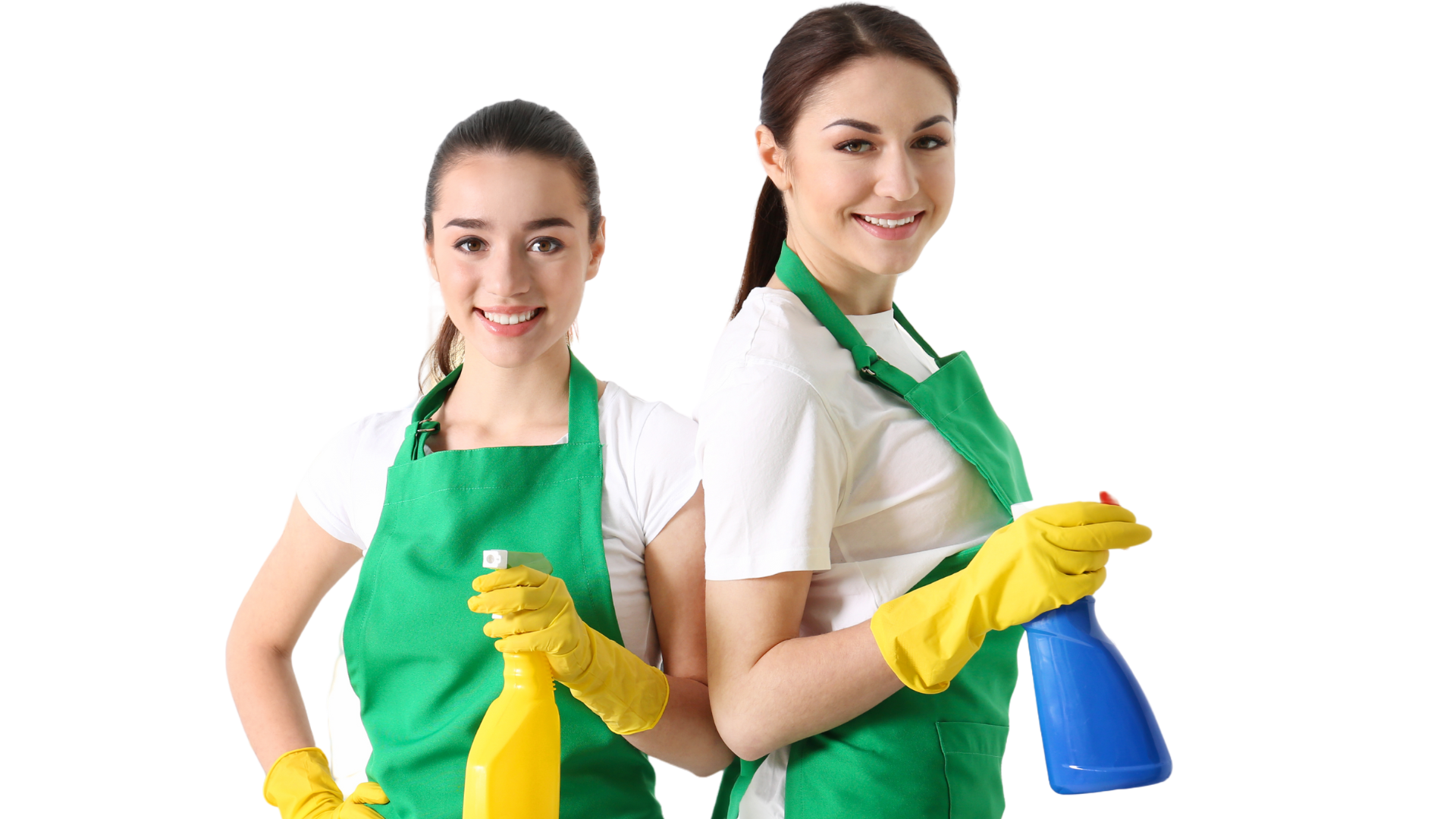 Two women wearing green aprons and yellow gloves